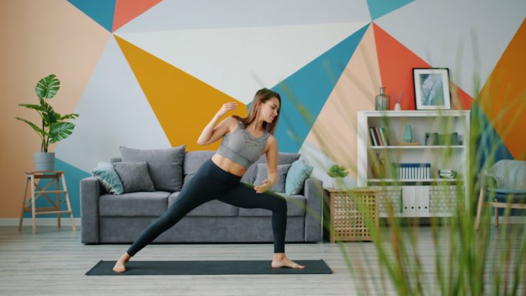 Woman practicing yoga in a brightly decorated living room