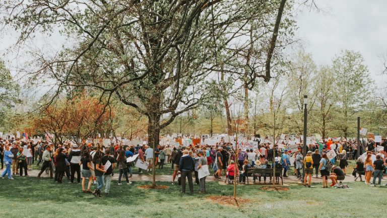 A large crowd of people are gathered in a park
