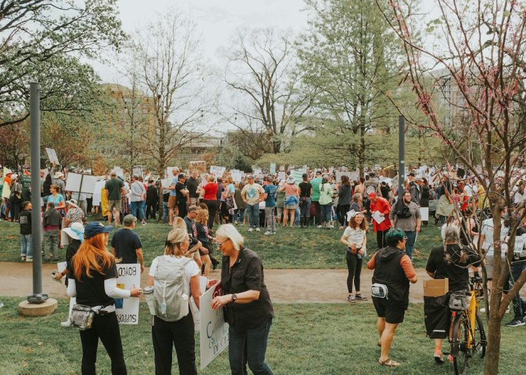 A large group of people are at a rally